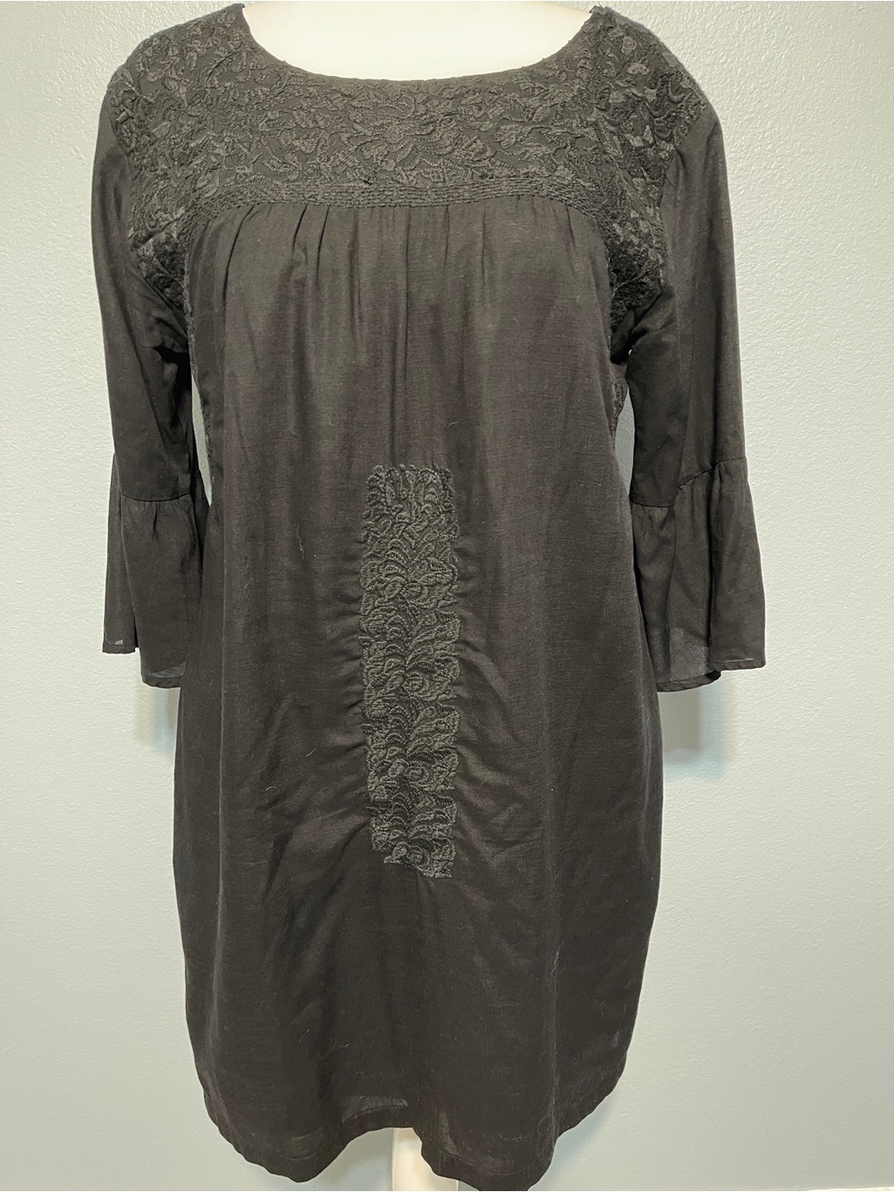 J Marie Black Embroidered Shift Dress 3/4 Sleeve Boho Tunic Cottagecore Medium